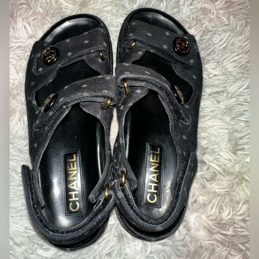 Authentic Chanel CC Logo Slingback Dad Sandals in Black Denim Size 39 - Picture 5 of 16